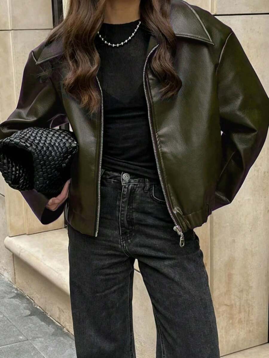 1pc Women's Solid Color Fashionable Loose Matte Leather Jacket Coat, Autumn/Winter