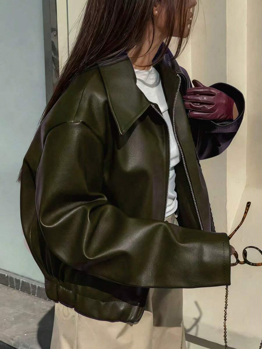 1pc Women's Solid Color Fashionable Loose Matte Leather Jacket Coat, Autumn/Winter