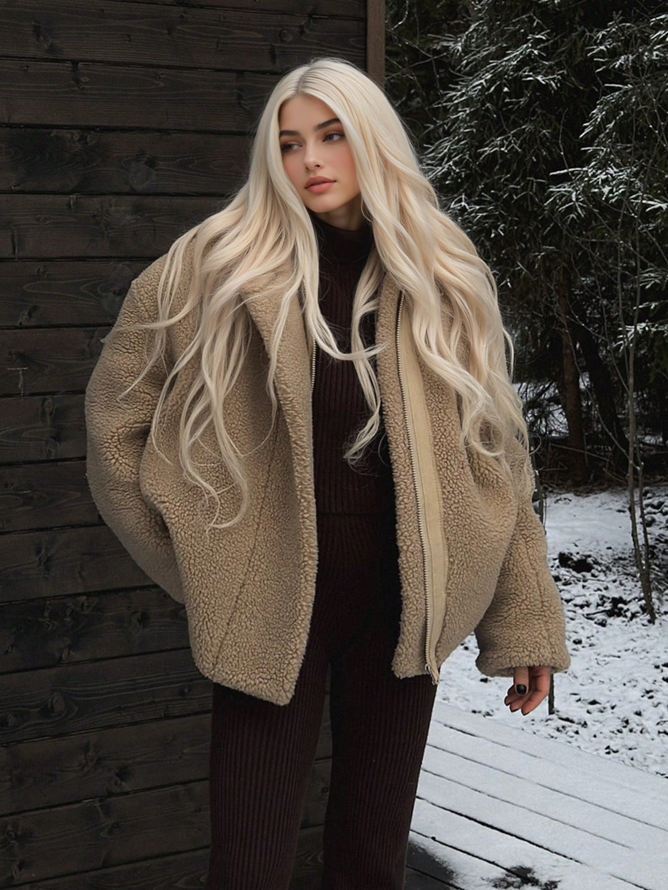 Casual Chic Commuting Warm Fuzzy Ski Jacket With Faux Fur Lining For Women, Chunky Cardigan, Winter Jacket For Women, New Year Women's Clothes