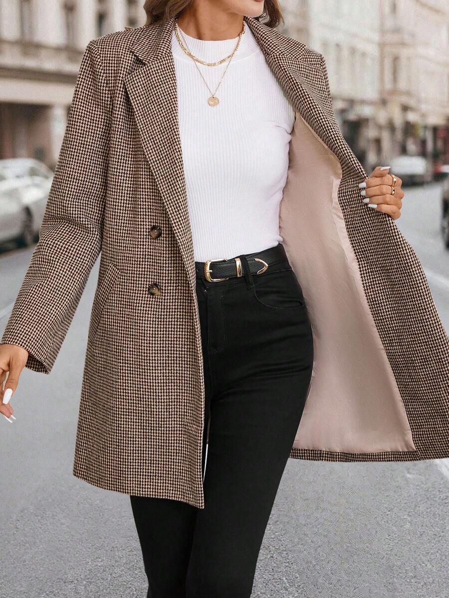 Clasi Women's Solid Color Double-Breasted Long Sleeve Woolen Windbreaker, Fashionable For Autumn/Winter