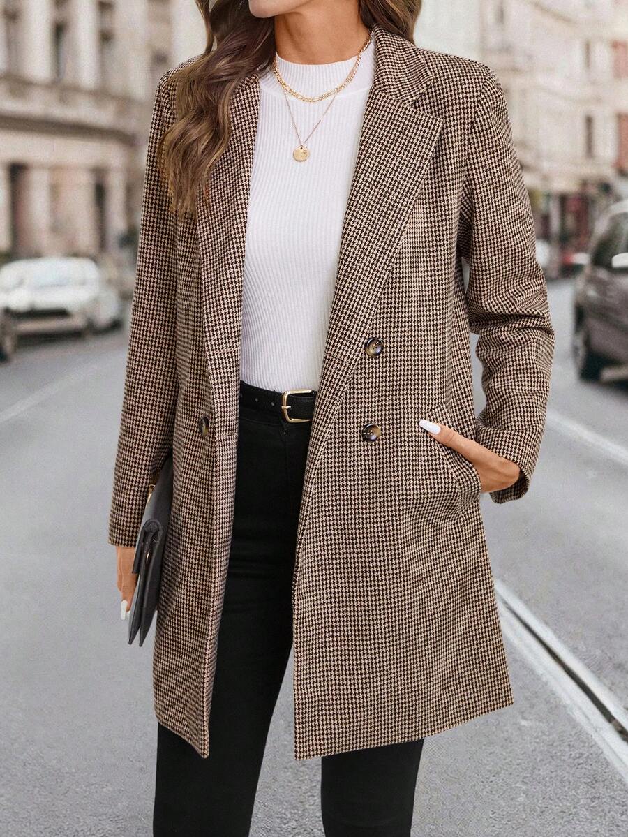 Clasi Women's Solid Color Double-Breasted Long Sleeve Woolen Windbreaker, Fashionable For Autumn/Winter