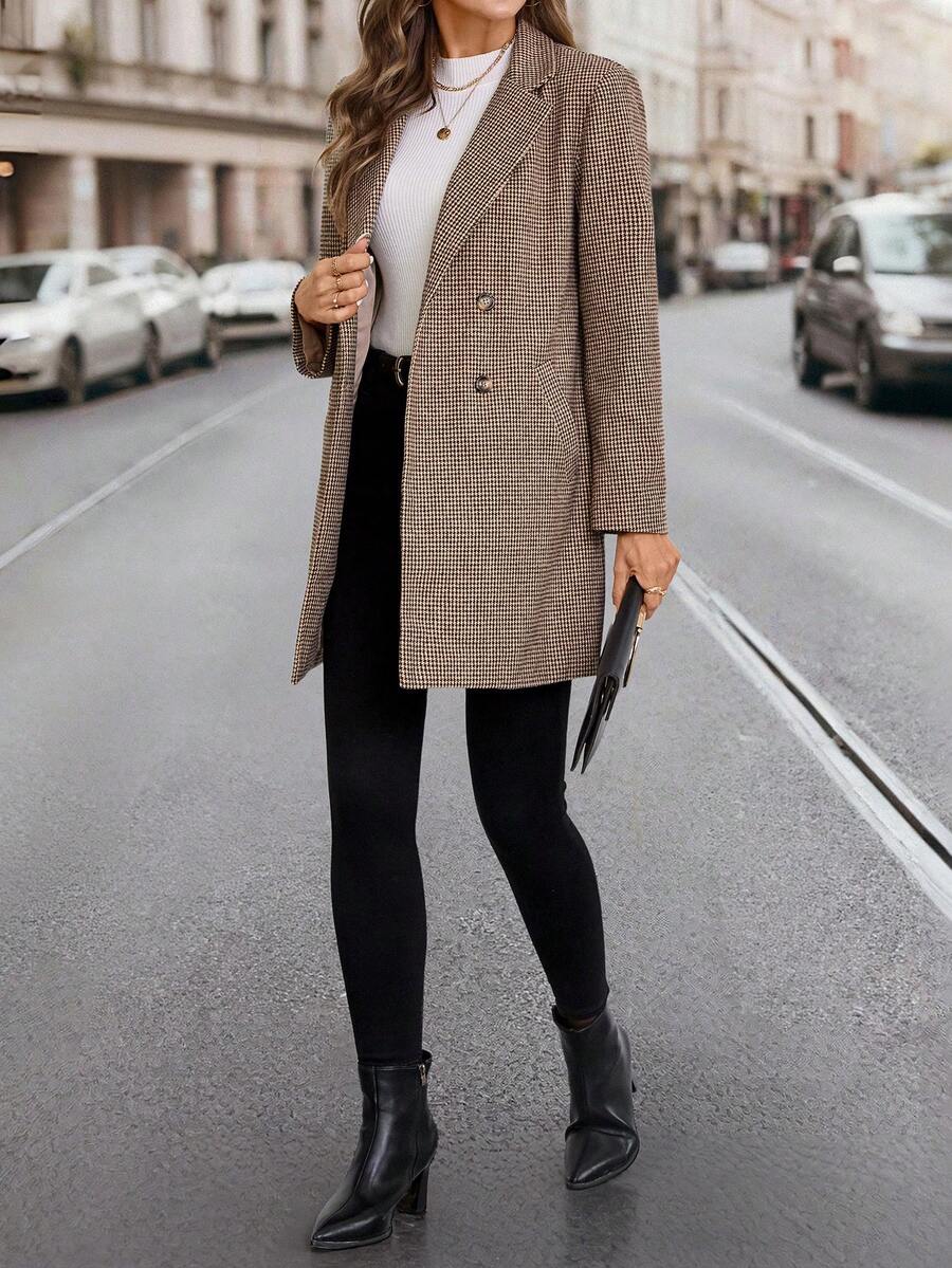 Clasi Women's Solid Color Double-Breasted Long Sleeve Woolen Windbreaker, Fashionable For Autumn/Winter