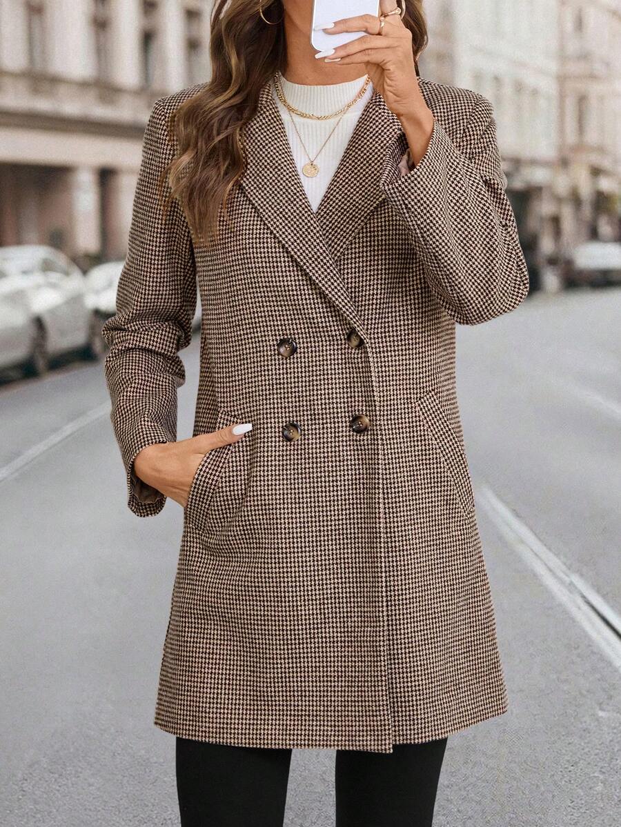 Clasi Women's Solid Color Double-Breasted Long Sleeve Woolen Windbreaker, Fashionable For Autumn/Winter
