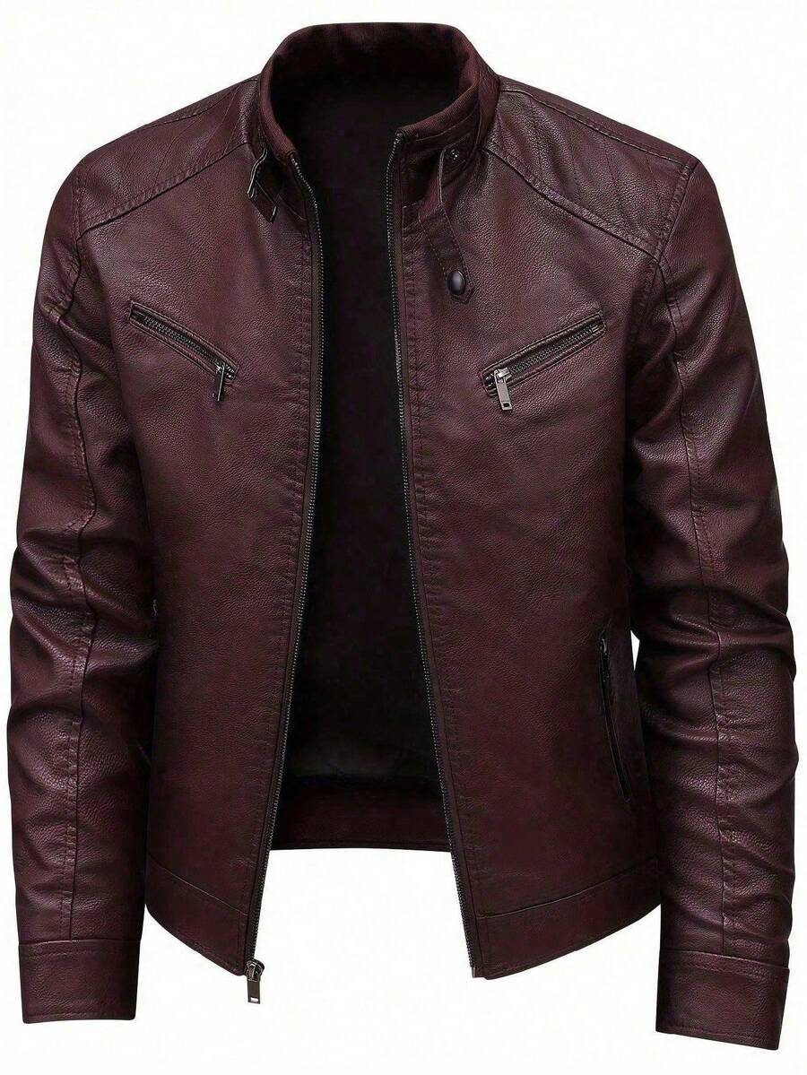 1pc Boyfriend Style Men's Jacket, Spring & Autumn Motorcycle Jacket PU Leather Zipper Coat