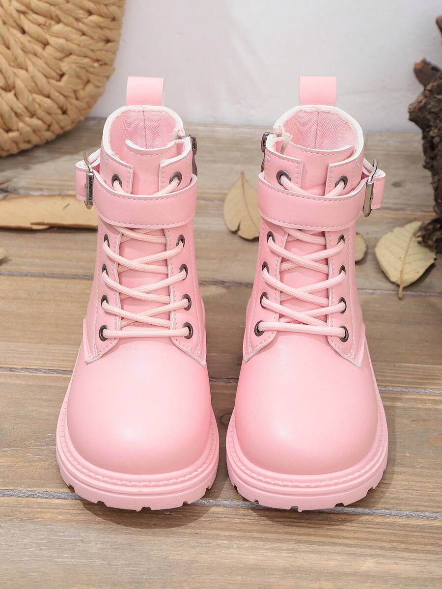 1 Pair Black Leather Toddler Kids Boots, Front Lace-Up, Side Zipper, Metal Buckle, Round Toe, Soft Flat Anti-Skid Comfortable Cute Mid-Calf Boots, Suitable For 3-12 Years Old Boys And Girls, Autumn/Winter New