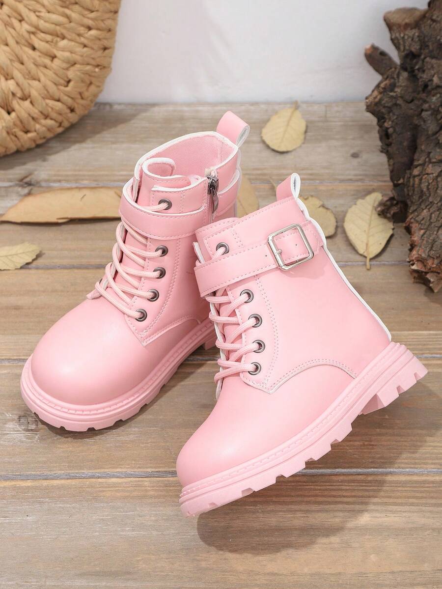 1 Pair Black Leather Toddler Kids Boots, Front Lace-Up, Side Zipper, Metal Buckle, Round Toe, Soft Flat Anti-Skid Comfortable Cute Mid-Calf Boots, Suitable For 3-12 Years Old Boys And Girls, Autumn/Winter New