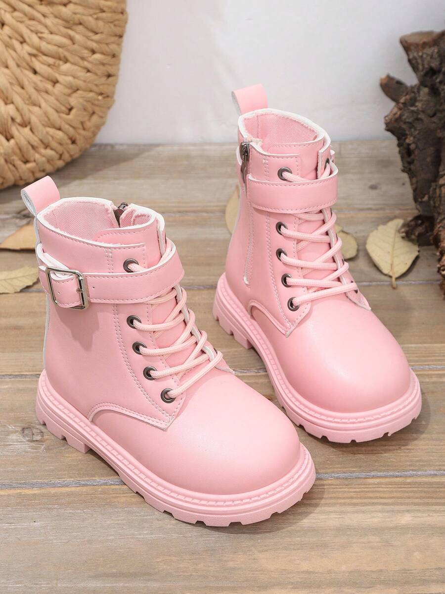 1 Pair Black Leather Toddler Kids Boots, Front Lace-Up, Side Zipper, Metal Buckle, Round Toe, Soft Flat Anti-Skid Comfortable Cute Mid-Calf Boots, Suitable For 3-12 Years Old Boys And Girls, Autumn/Winter New