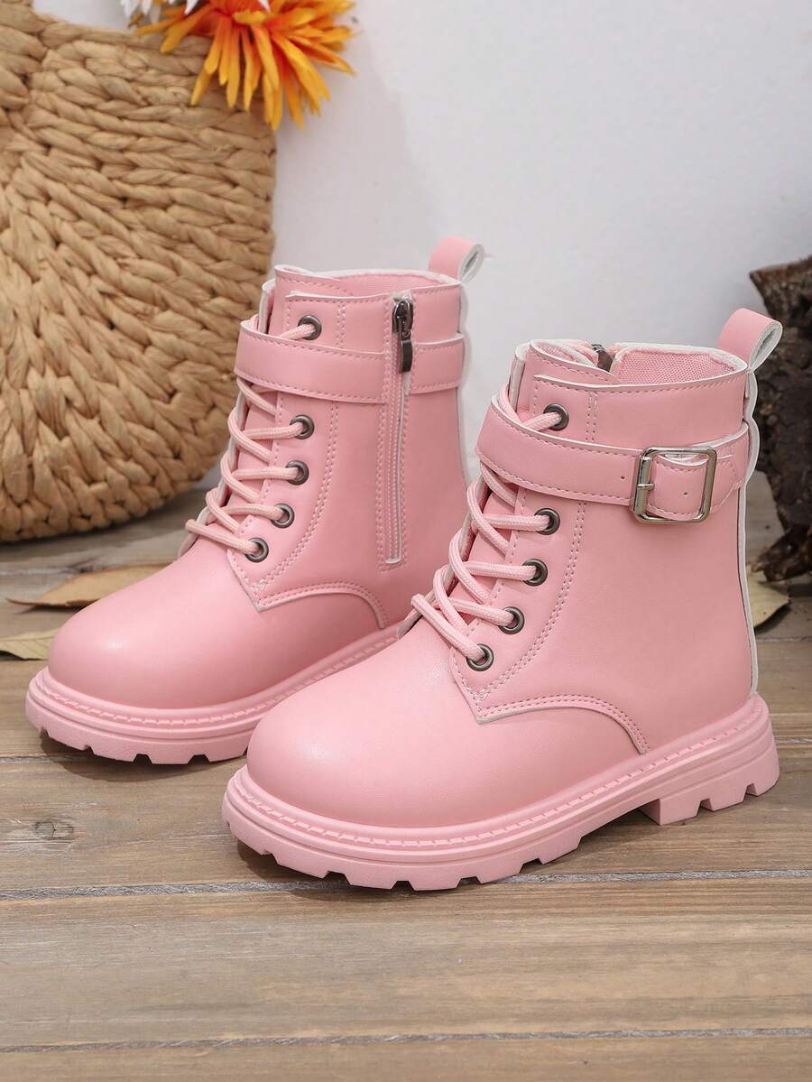 1 Pair Black Leather Toddler Kids Boots, Front Lace-Up, Side Zipper, Metal Buckle, Round Toe, Soft Flat Anti-Skid Comfortable Cute Mid-Calf Boots, Suitable For 3-12 Years Old Boys And Girls, Autumn/Winter New