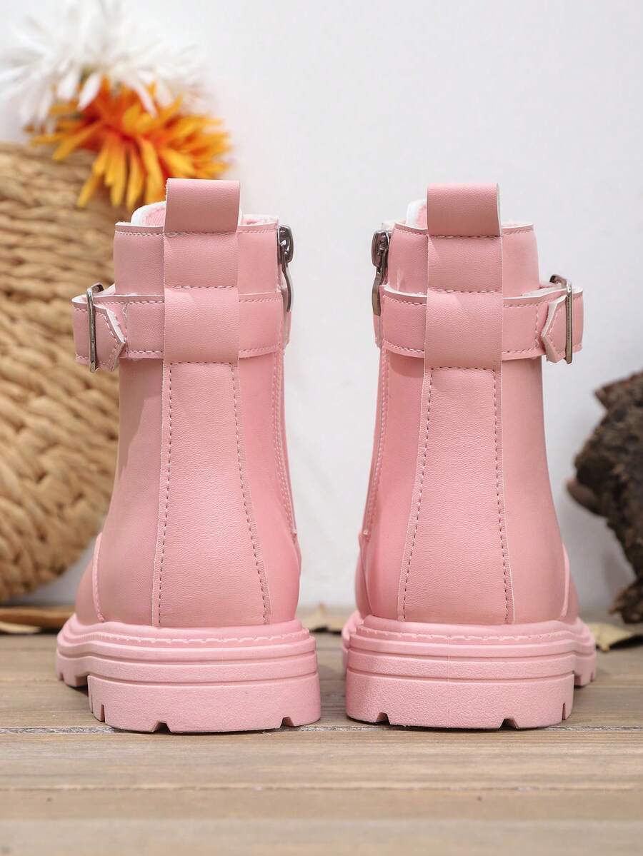 1 Pair Black Leather Toddler Kids Boots, Front Lace-Up, Side Zipper, Metal Buckle, Round Toe, Soft Flat Anti-Skid Comfortable Cute Mid-Calf Boots, Suitable For 3-12 Years Old Boys And Girls, Autumn/Winter New