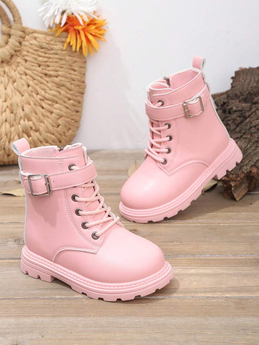 1 Pair Black Leather Toddler Kids Boots, Front Lace-Up, Side Zipper, Metal Buckle, Round Toe, Soft Flat Anti-Skid Comfortable Cute Mid-Calf Boots, Suitable For 3-12 Years Old Boys And Girls, Autumn/Winter New