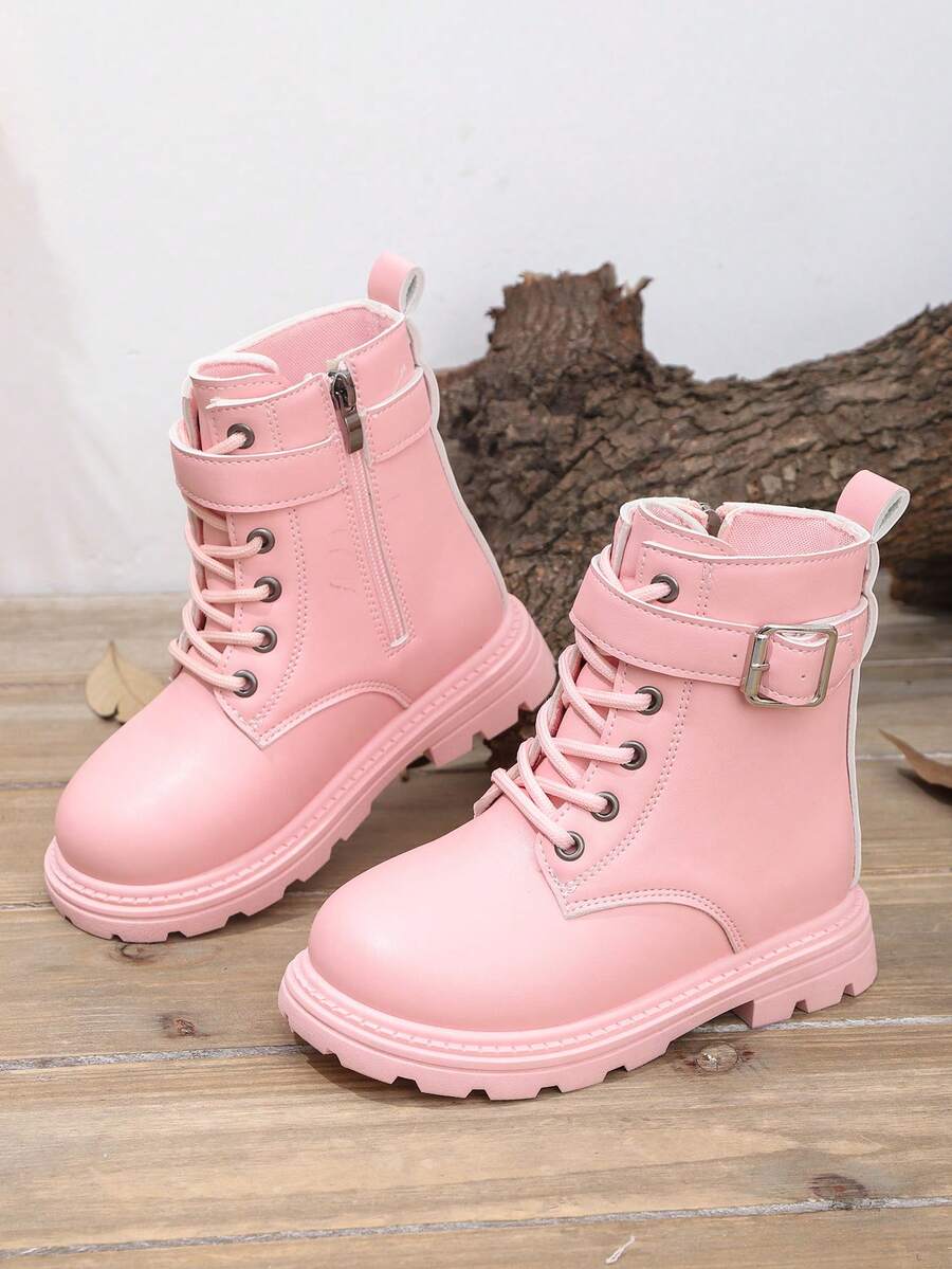 1 Pair Black Leather Toddler Kids Boots, Front Lace-Up, Side Zipper, Metal Buckle, Round Toe, Soft Flat Anti-Skid Comfortable Cute Mid-Calf Boots, Suitable For 3-12 Years Old Boys And Girls, Autumn/Winter New