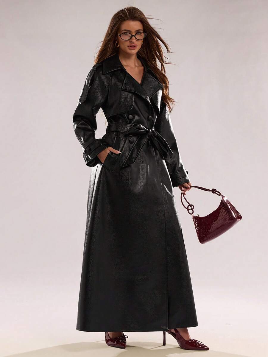 BAE Women's Solid Color Lapel NeckRaglan Sleeve Pocket Belted Casual Commuter Trench Coat, Autumn,Winter Clothes For Women