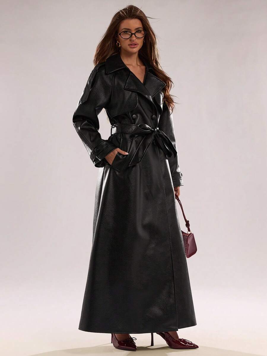 BAE Women's Solid Color Lapel NeckRaglan Sleeve Pocket Belted Casual Commuter Trench Coat, Autumn,Winter Clothes For Women