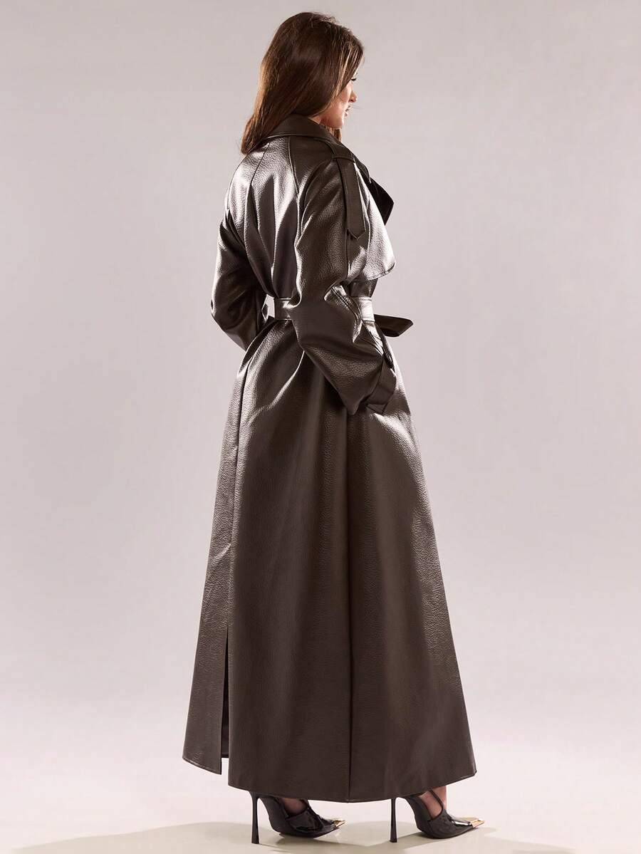 BAE Women's Solid Color Lapel NeckRaglan Sleeve Pocket Belted Casual Commuter Trench Coat, Autumn,Winter Clothes For Women
