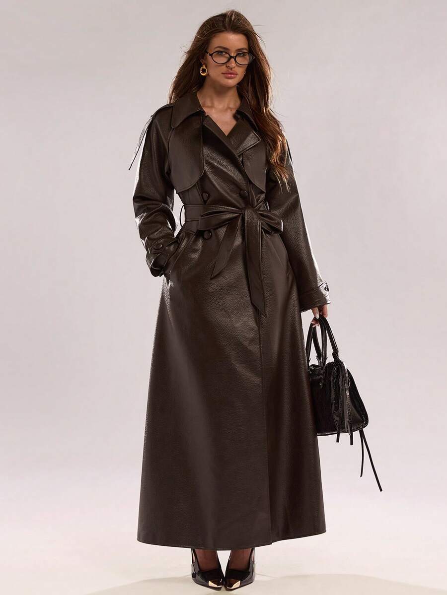BAE Women's Solid Color Lapel NeckRaglan Sleeve Pocket Belted Casual Commuter Trench Coat, Autumn,Winter Clothes For Women