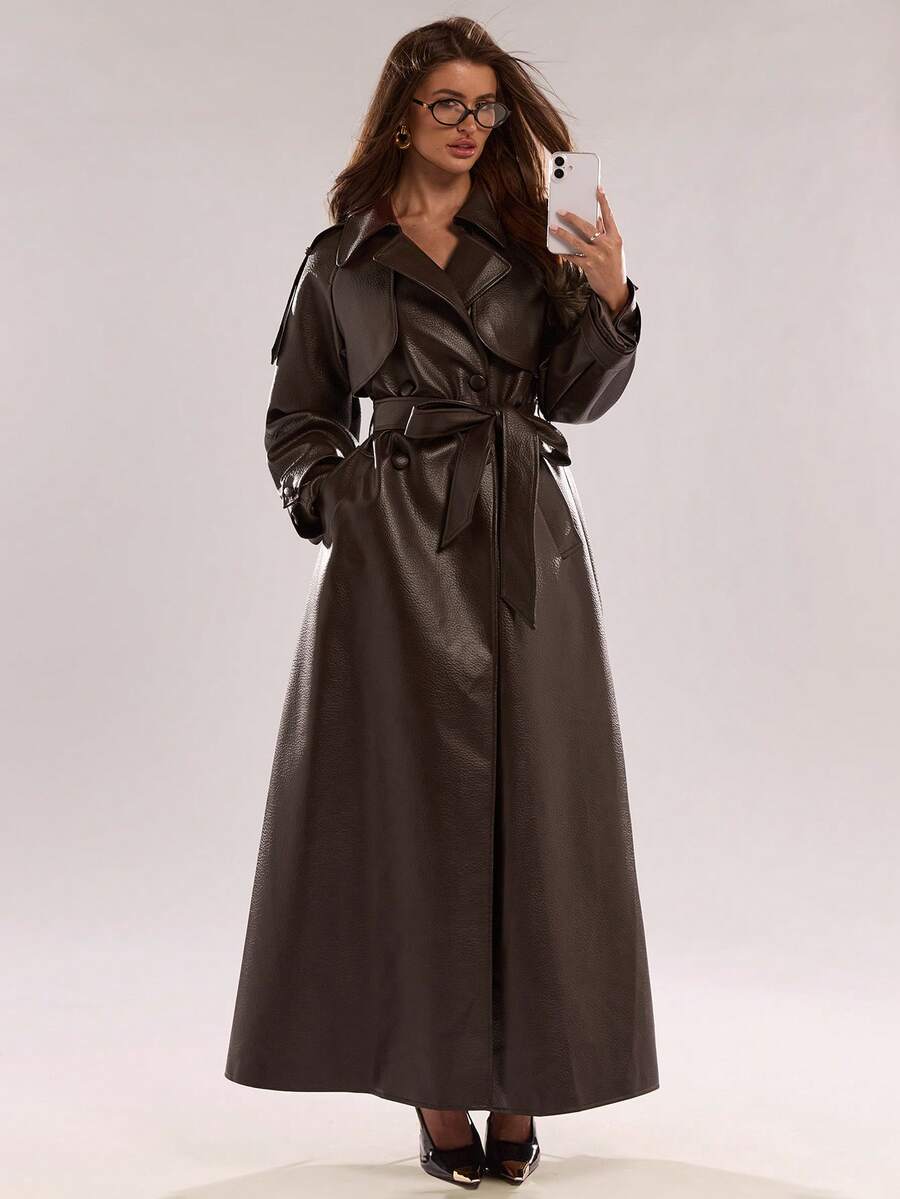 BAE Women's Solid Color Lapel NeckRaglan Sleeve Pocket Belted Casual Commuter Trench Coat, Autumn,Winter Clothes For Women