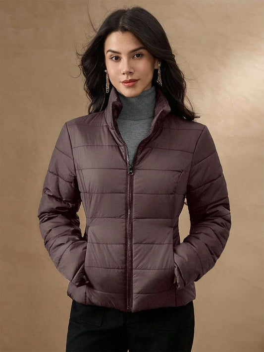 DAZY Autumn/Winter Slim Fit Cinched Waist Casual Short Lightweight Brown Padded Coat, Women Padded Coat With Stand Collar