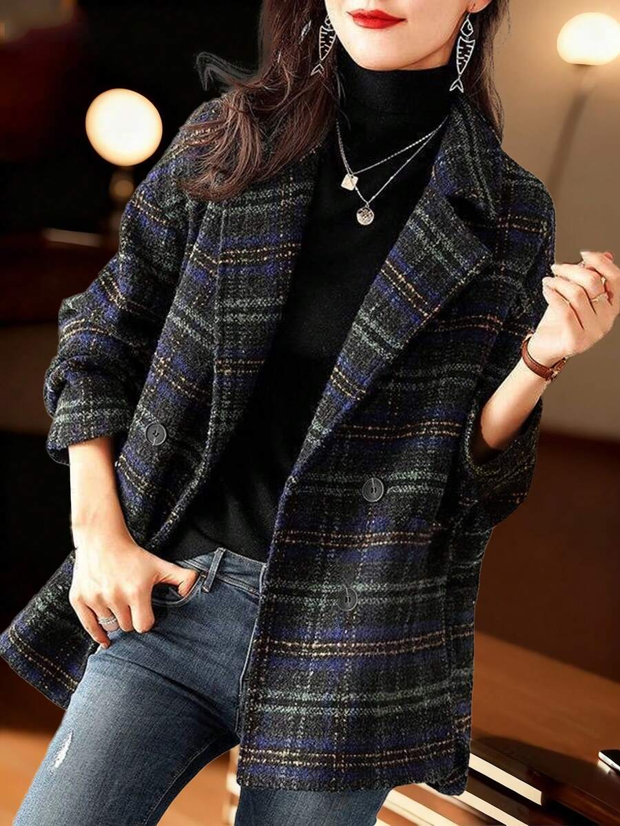 Women's Tweed Plaid Notched Lapel Front Button Relaxed Fit British Style Casual Long Sleeve Coat With Pockets For Fall Winter Spring
