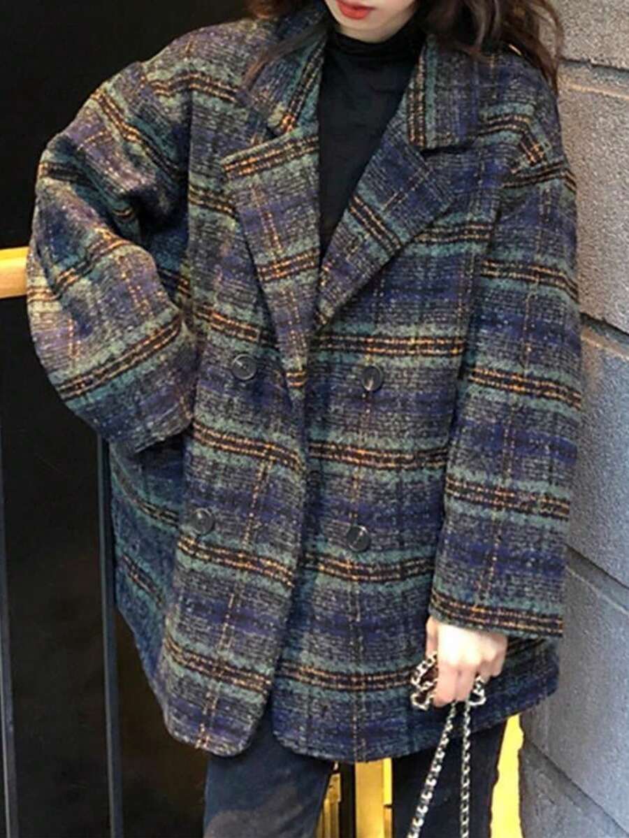 Women's Tweed Plaid Notched Lapel Front Button Relaxed Fit British Style Casual Long Sleeve Coat With Pockets For Fall Winter Spring