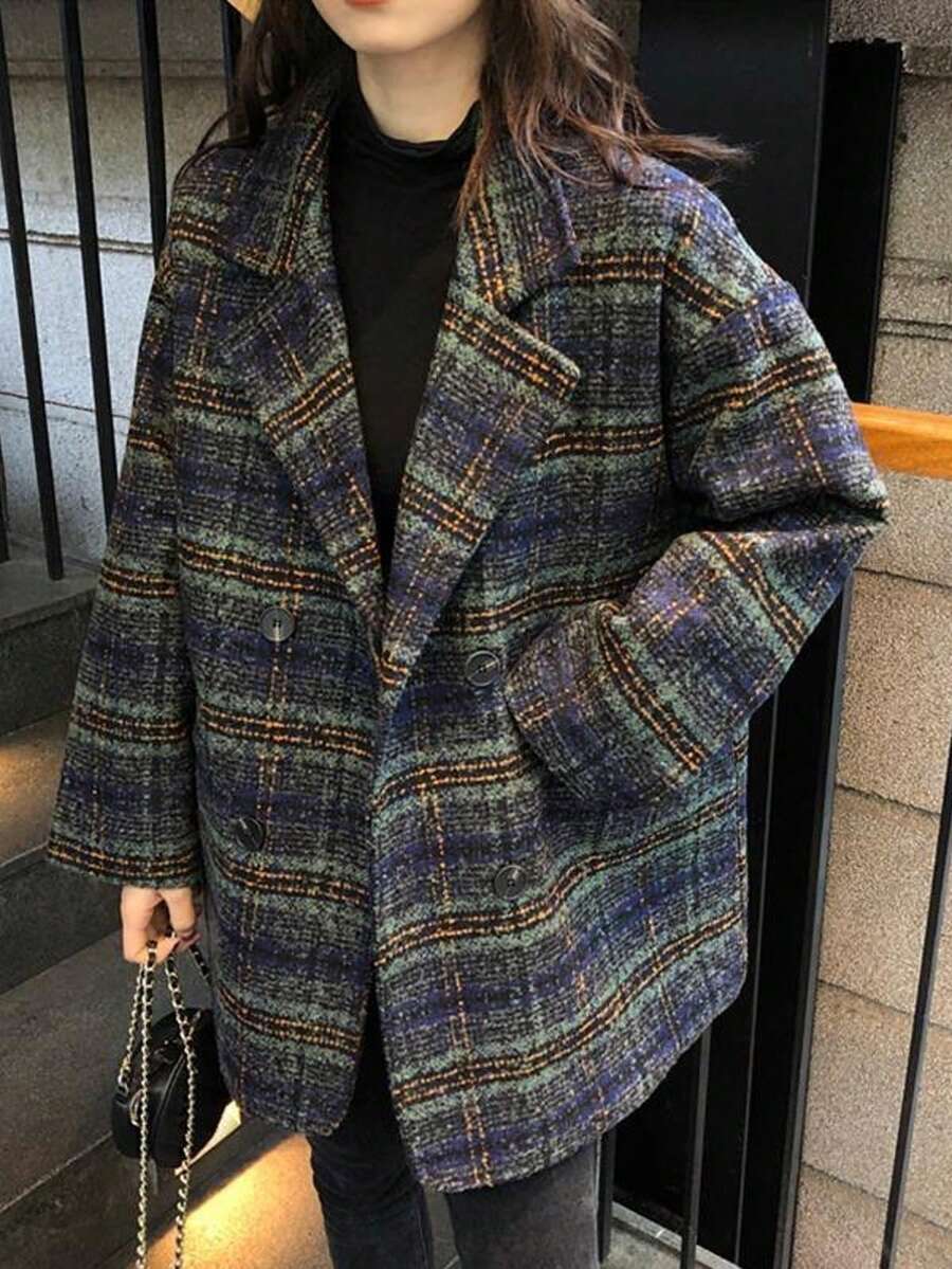 Women's Tweed Plaid Notched Lapel Front Button Relaxed Fit British Style Casual Long Sleeve Coat With Pockets For Fall Winter Spring