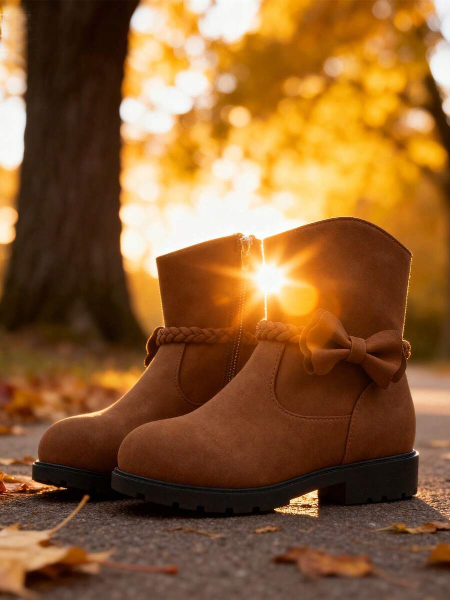 A Pair Of Stylish Children's Short Boots – Girls' Boots, Girls' Winter Boots, Little Girls' Boots. Adorned With Butterfly Decorations, Available In Black And Brown. Perfect For Daily Wear In Autumn And Winter.