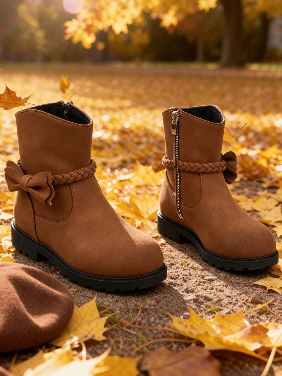 A Pair Of Stylish Children's Short Boots – Girls' Boots, Girls' Winter Boots, Little Girls' Boots. Adorned With Butterfly Decorations, Available In Black And Brown. Perfect For Daily Wear In Autumn And Winter.