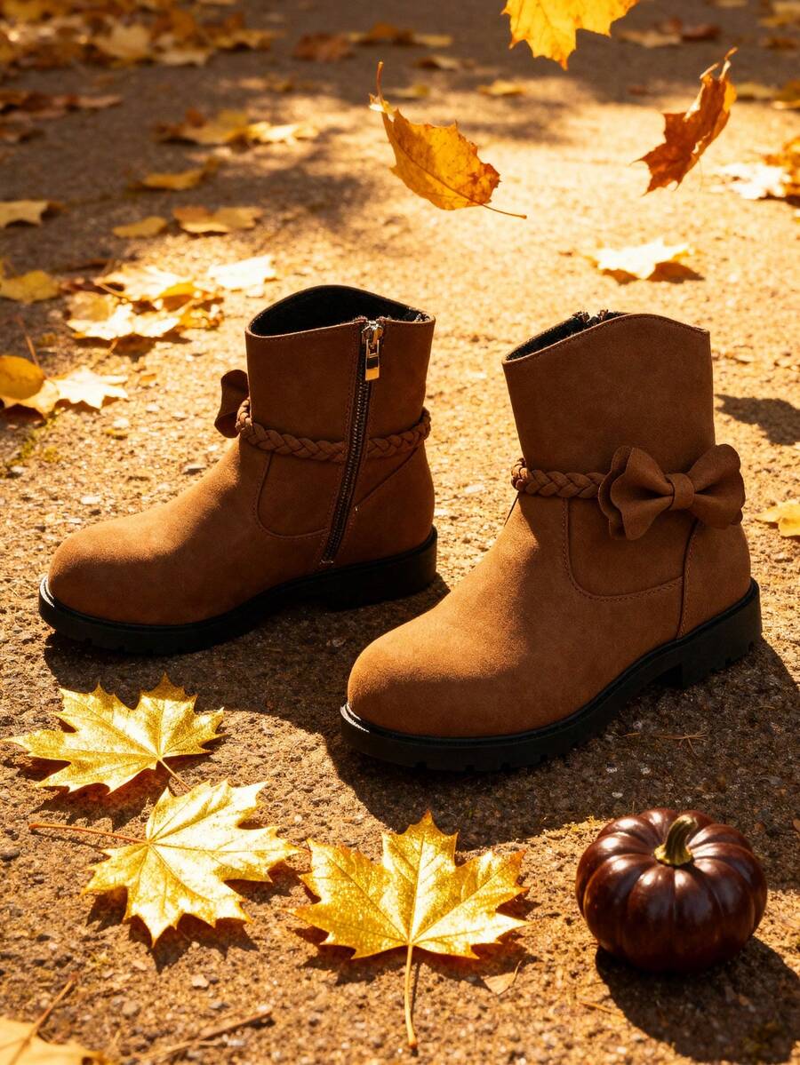 A Pair Of Stylish Children's Short Boots – Girls' Boots, Girls' Winter Boots, Little Girls' Boots. Adorned With Butterfly Decorations, Available In Black And Brown. Perfect For Daily Wear In Autumn And Winter.