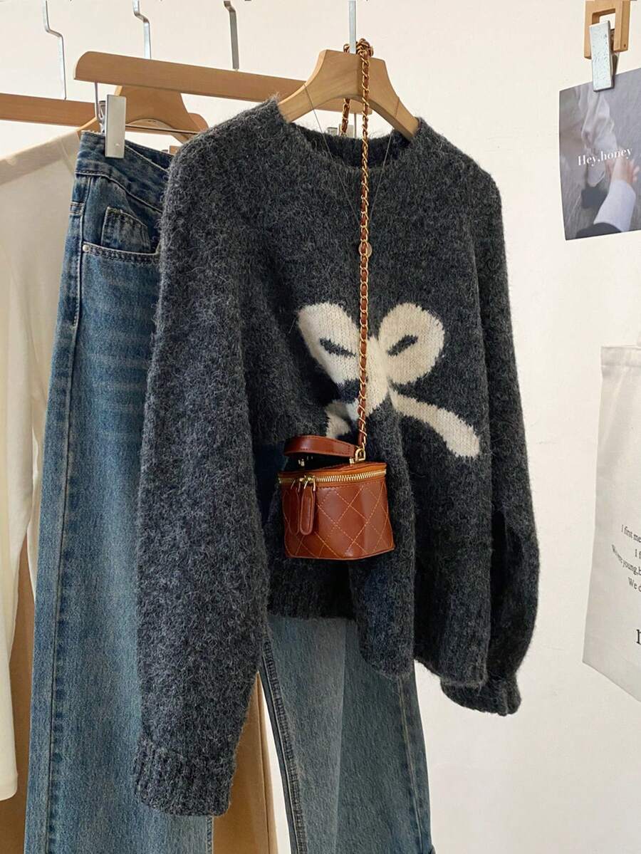 Bow Knit Pullover Sweater, Ribbed Crew Neck Cute Sweater For Women, Autumn
