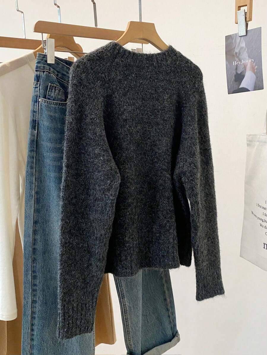 Bow Knit Pullover Sweater, Ribbed Crew Neck Cute Sweater For Women, Autumn