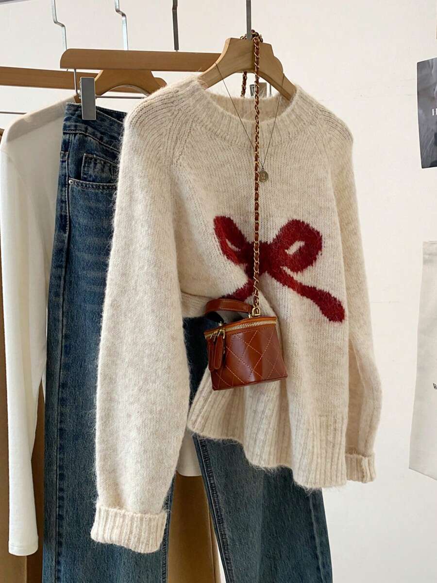 Bow Knit Pullover Sweater, Ribbed Crew Neck Cute Sweater For Women, Autumn