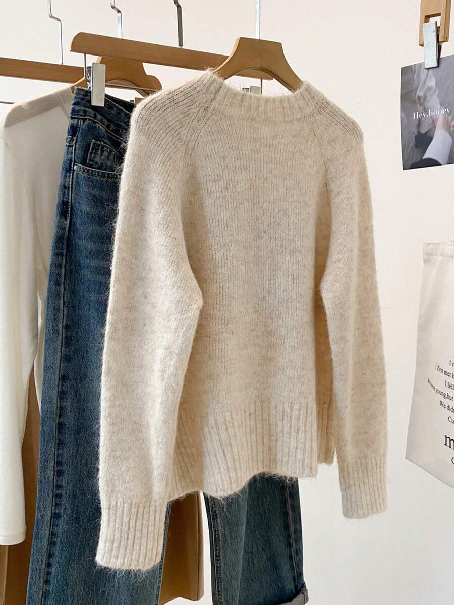 Bow Knit Pullover Sweater, Ribbed Crew Neck Cute Sweater For Women, Autumn