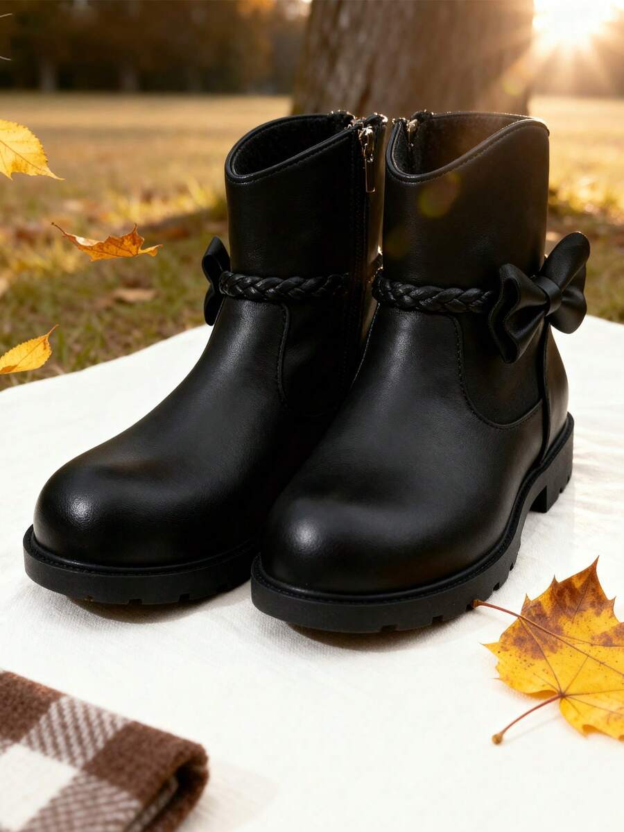 A Pair Of Stylish Children's Short Boots – Girls' Boots, Girls' Winter Boots, Little Girls' Boots. Adorned With Butterfly Decorations, Available In Black And Brown. Perfect For Daily Wear In Autumn And Winter.
