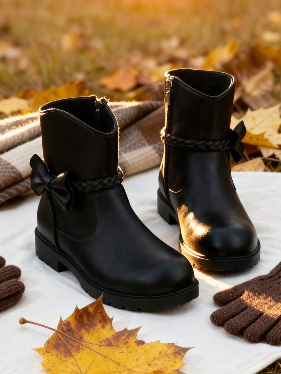 A Pair Of Stylish Children's Short Boots – Girls' Boots, Girls' Winter Boots, Little Girls' Boots. Adorned With Butterfly Decorations, Available In Black And Brown. Perfect For Daily Wear In Autumn And Winter.
