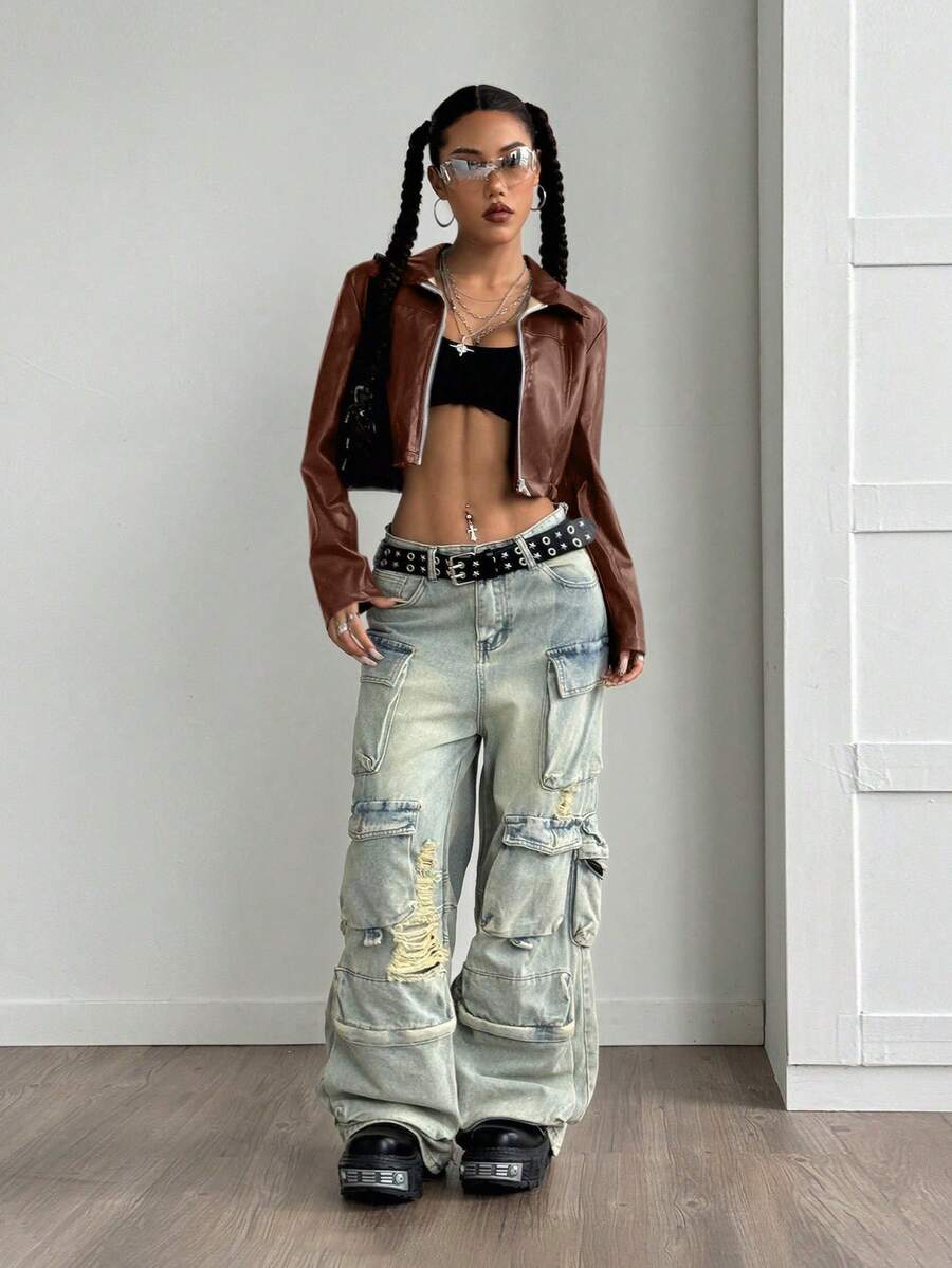 StreetHx Halloween Cropped Leather Zipper Jacket, Suitable For Autumn And Winter