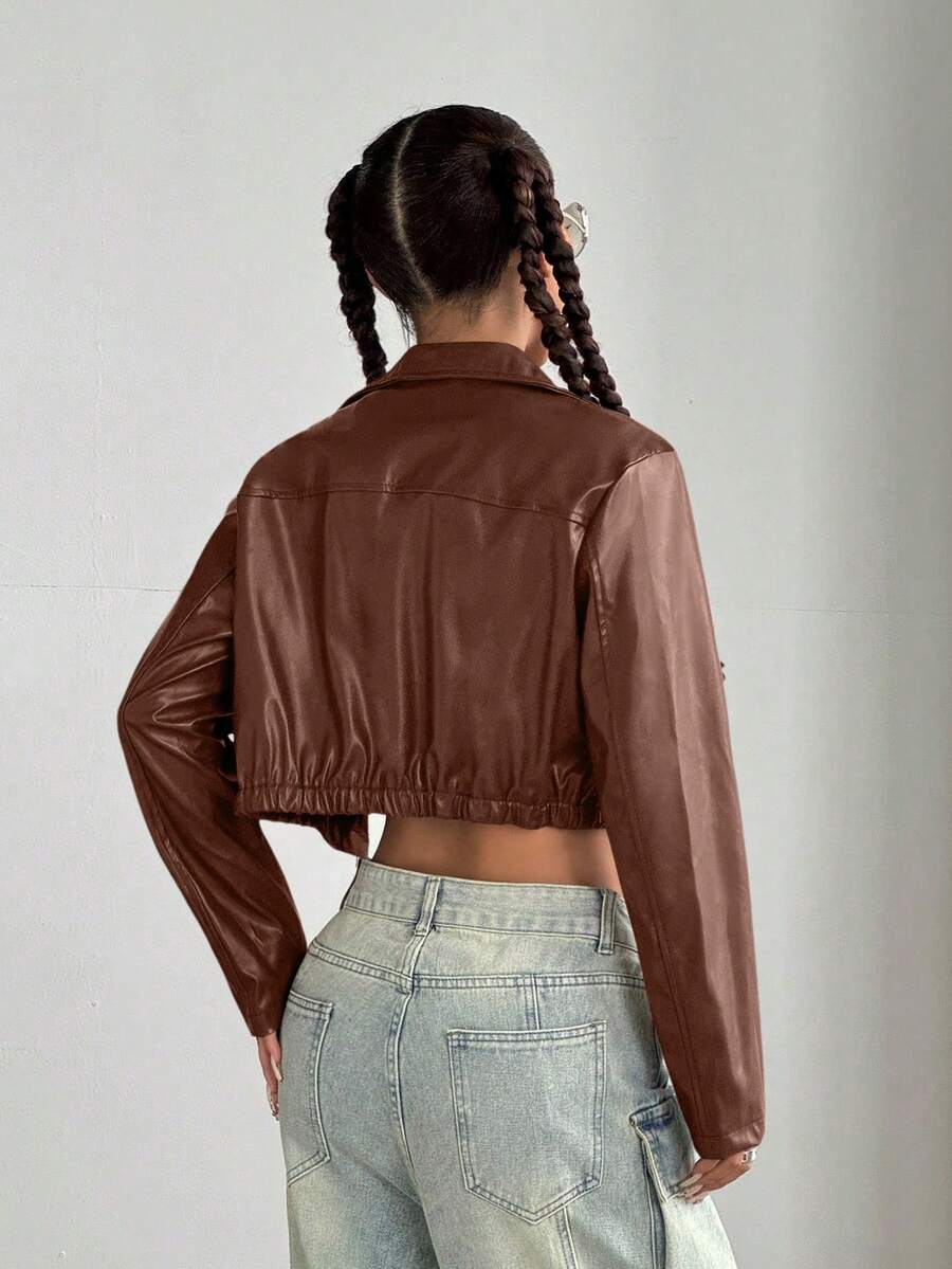 StreetHx Halloween Cropped Leather Zipper Jacket, Suitable For Autumn And Winter