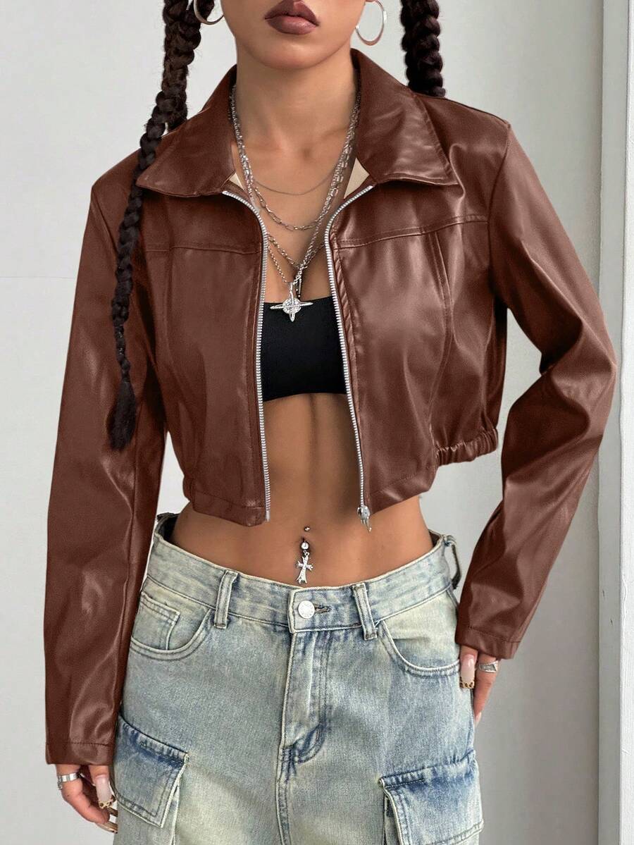 StreetHx Halloween Cropped Leather Zipper Jacket, Suitable For Autumn And Winter