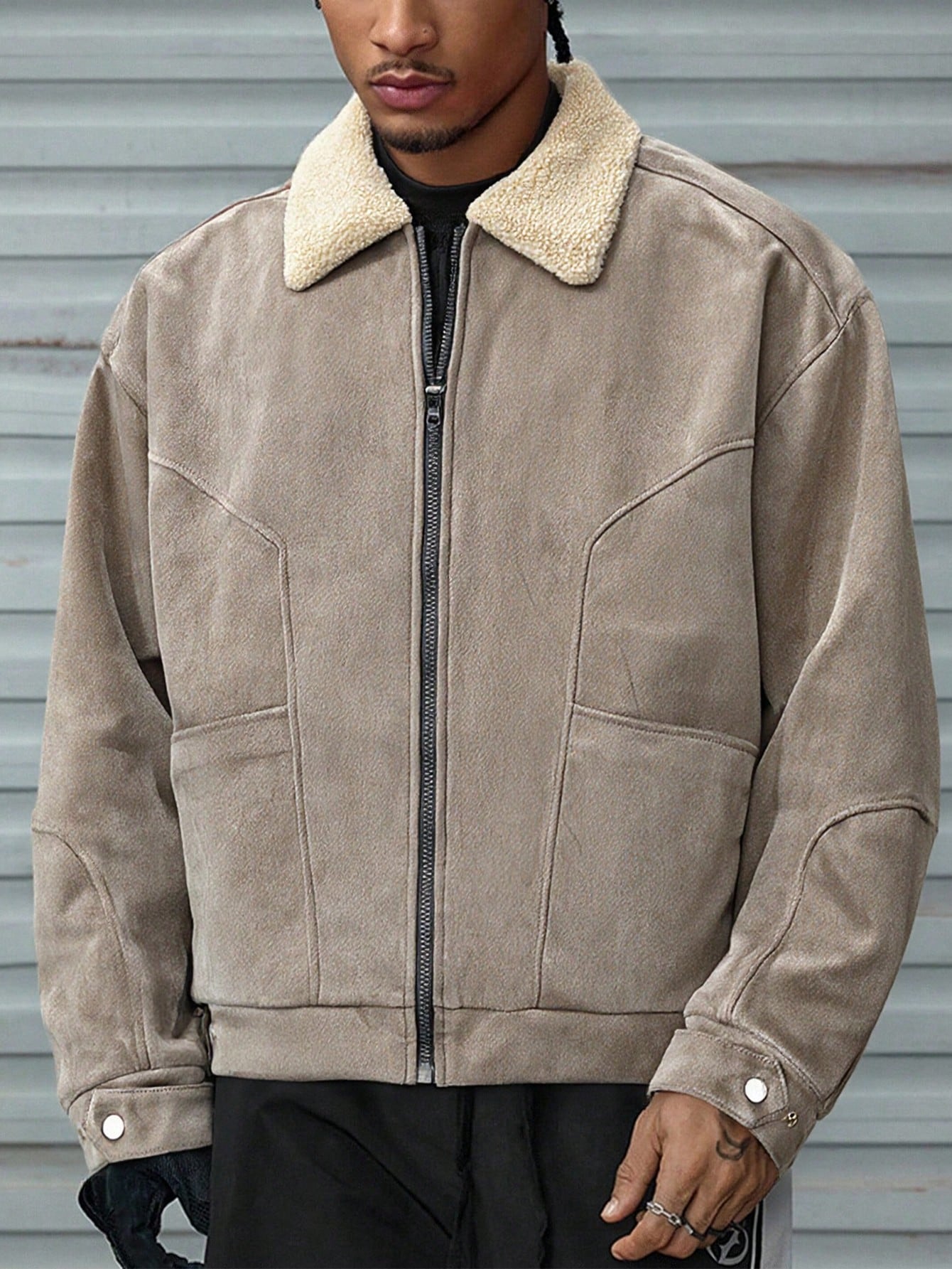 ROMWE MEN Street Life Men's Zip-Up Casual Faux Suede Fleece Jacket, Autumn/Winter