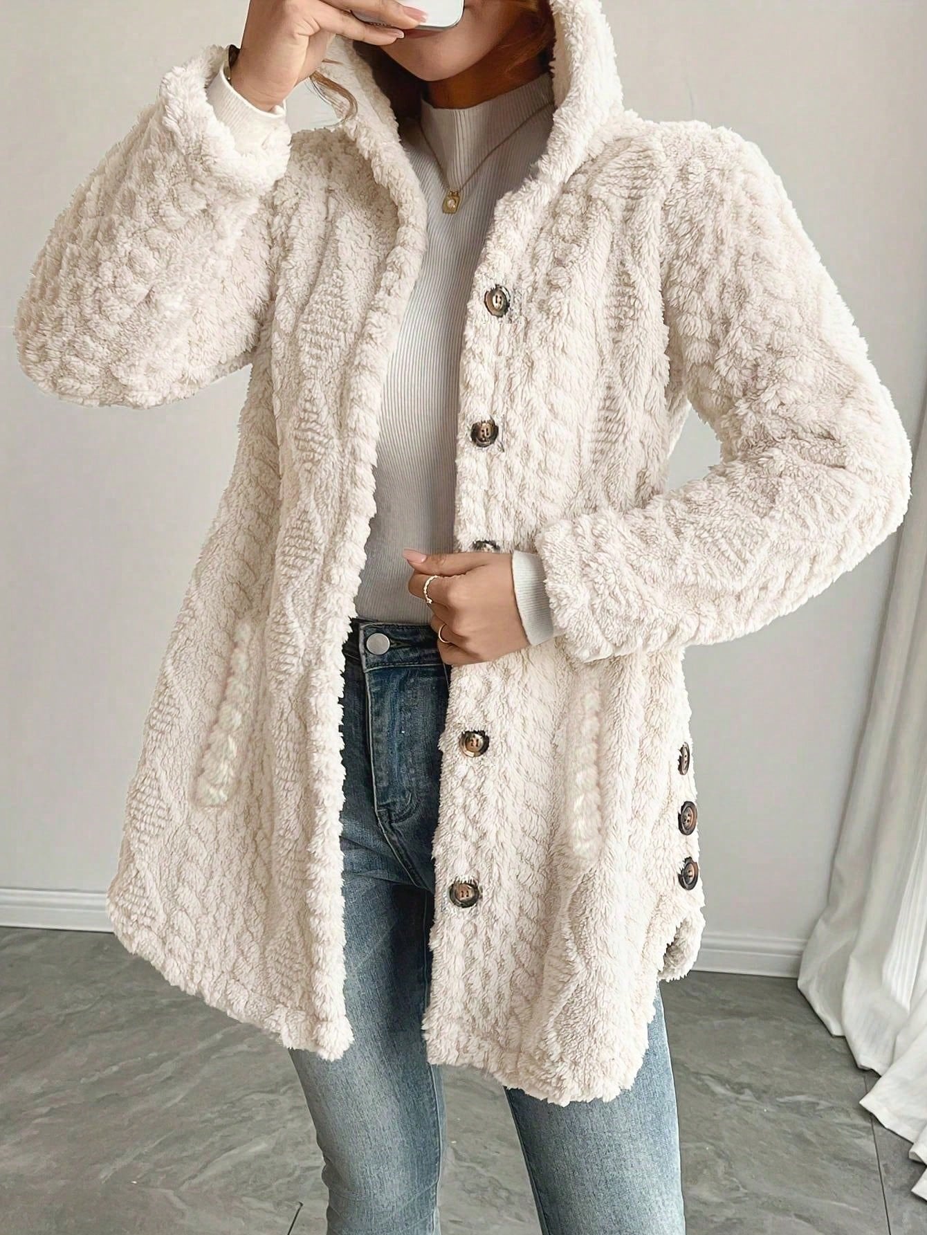 Women's Fashion Winter Coats Sherpa Fleece Faux Fur Hooded Jackets With Pockets Solid Color Fuzzy Warm Outerwear Clothing