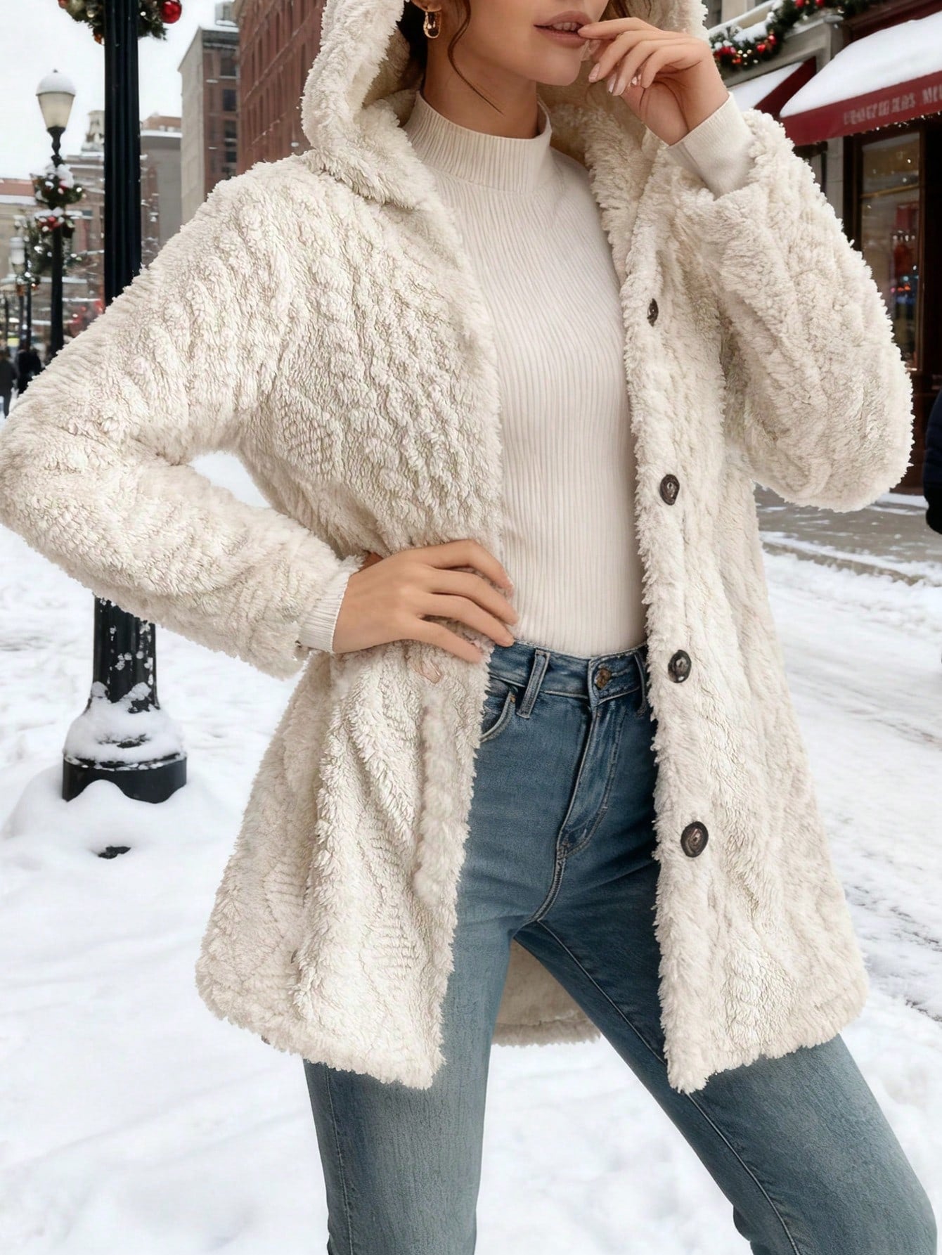 Women's Fashion Winter Coats Sherpa Fleece Faux Fur Hooded Jackets With Pockets Solid Color Fuzzy Warm Outerwear Clothing