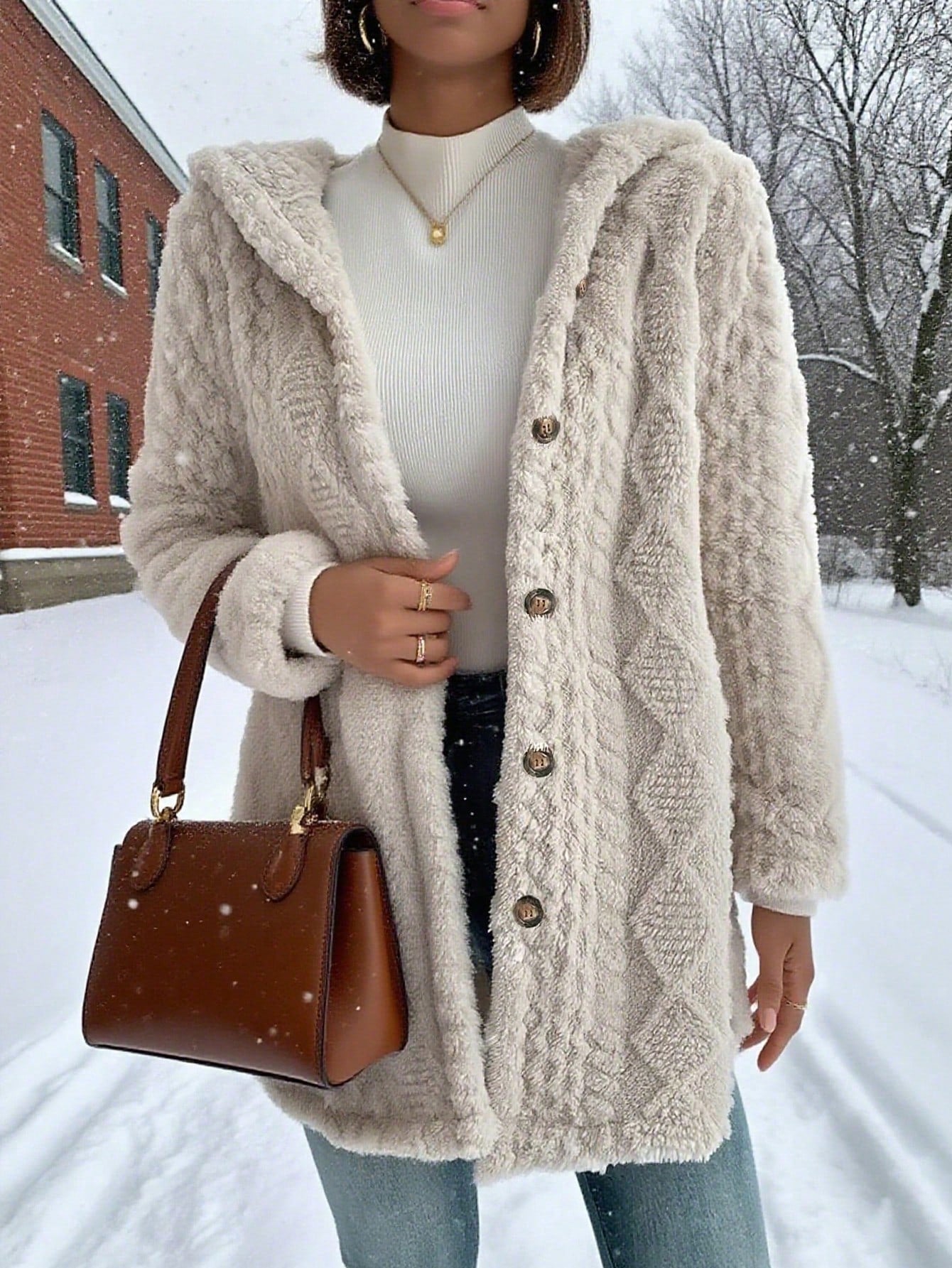 Women's Fashion Winter Coats Sherpa Fleece Faux Fur Hooded Jackets With Pockets Solid Color Fuzzy Warm Outerwear Clothing