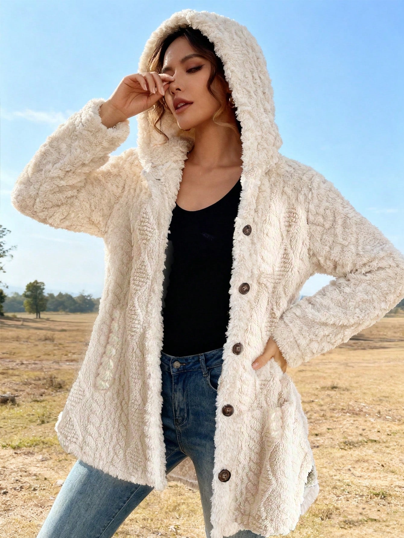 Women's Fashion Winter Coats Sherpa Fleece Faux Fur Hooded Jackets With Pockets Solid Color Fuzzy Warm Outerwear Clothing