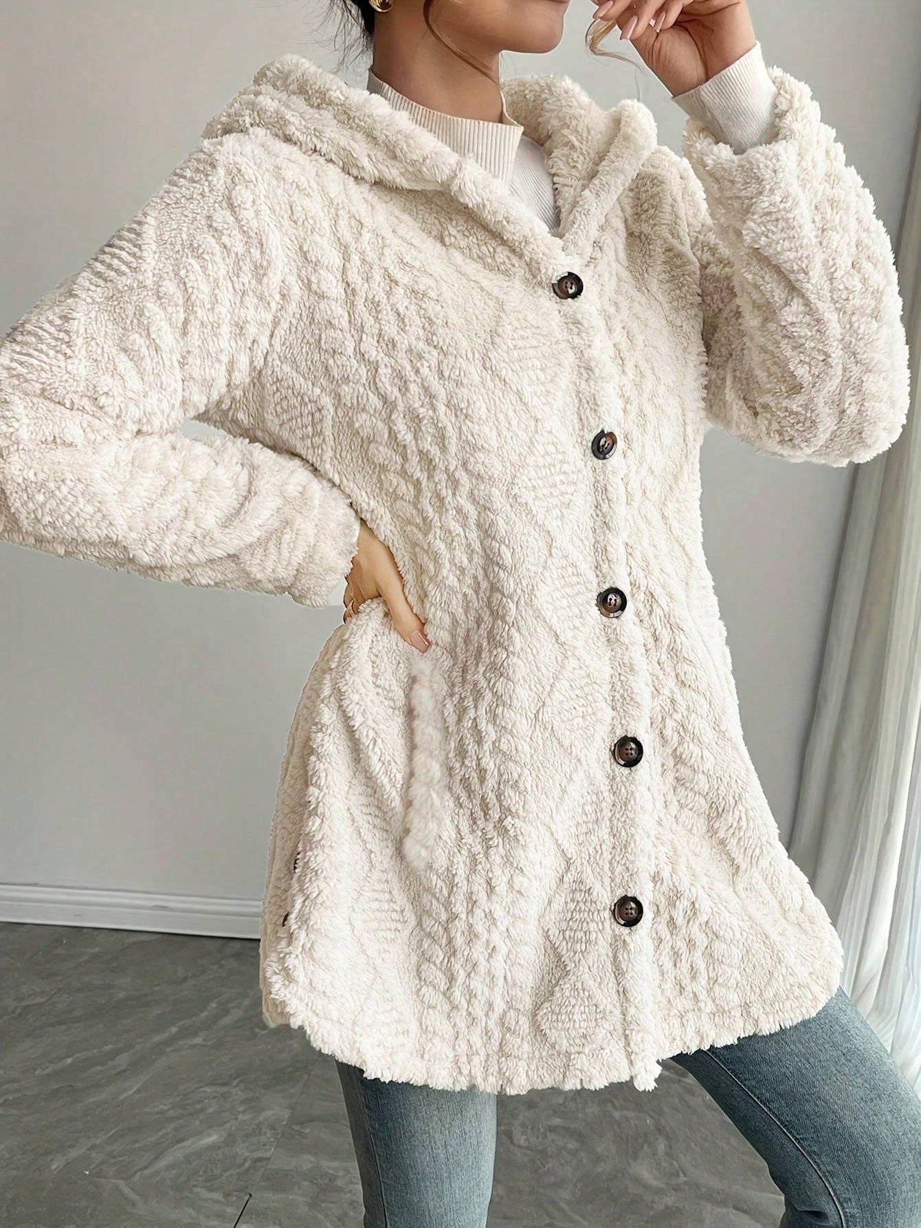 Women's Fashion Winter Coats Sherpa Fleece Faux Fur Hooded Jackets With Pockets Solid Color Fuzzy Warm Outerwear Clothing
