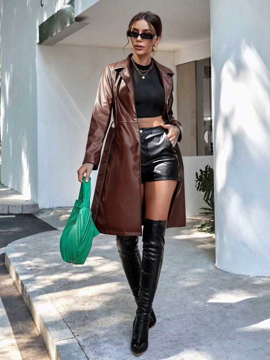 x Carly Lawrence Chiquease Solid Color Belted Trench Coat, Fashionable For Commuting In Autumn