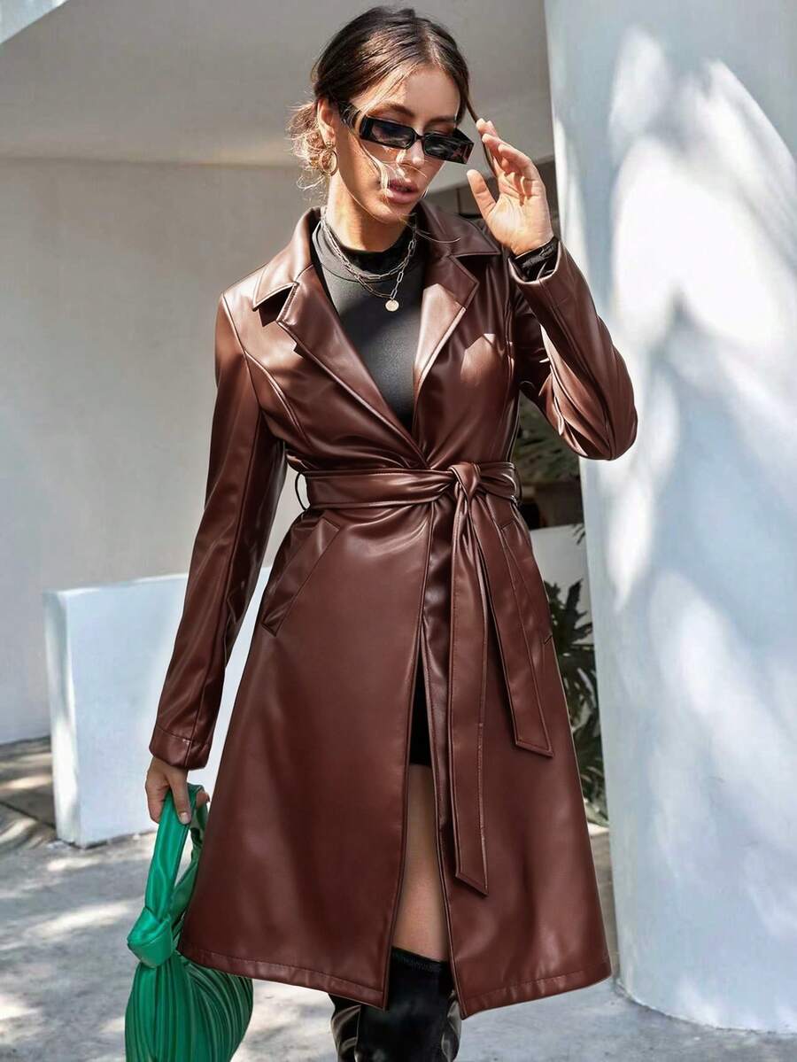 x Carly Lawrence Chiquease Solid Color Belted Trench Coat, Fashionable For Commuting In Autumn