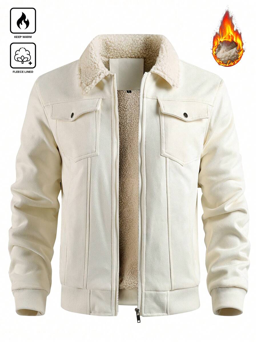 Manfinity Homme Men's Sherpa Fleece Jacket, Faux Suede Fur Collar, For Fall Winter