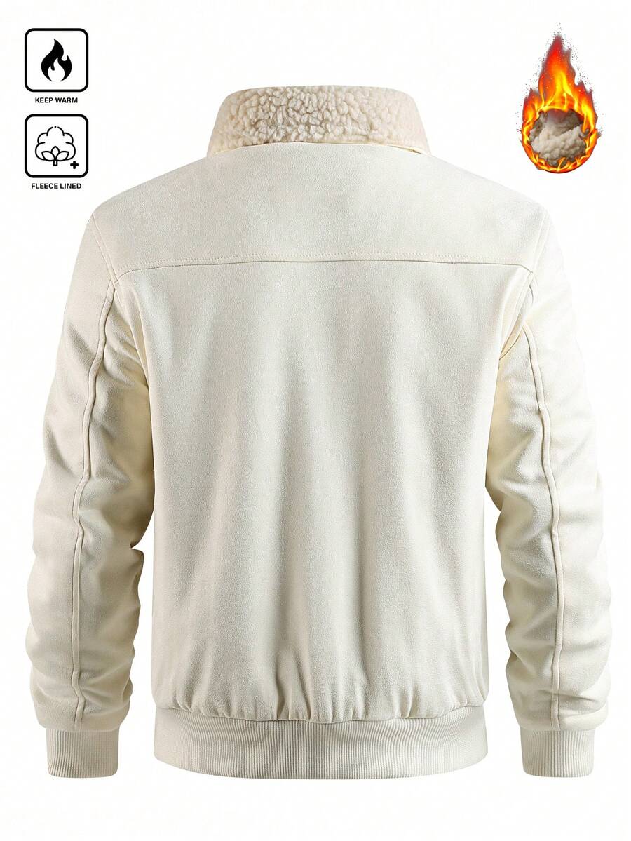 Manfinity Homme Men's Sherpa Fleece Jacket, Faux Suede Fur Collar, For Fall Winter