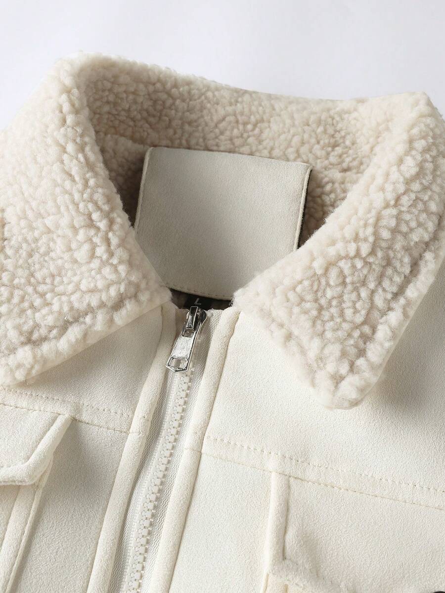 Manfinity Homme Men's Sherpa Fleece Jacket, Faux Suede Fur Collar, For Fall Winter