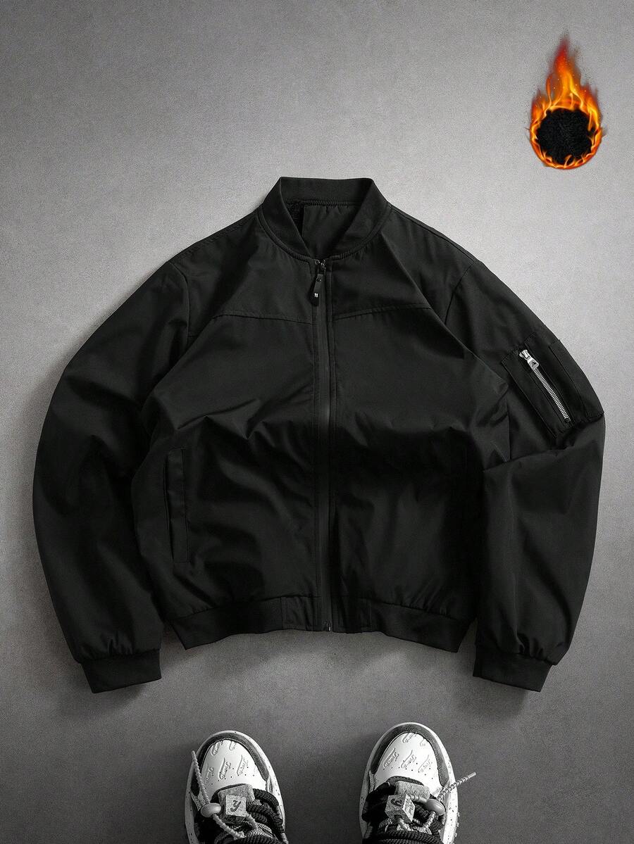 Manfinity EMRG Men's Solid Color Zipper Fashion Versatile Outdoor Windbreaker Jacket Black Bomber