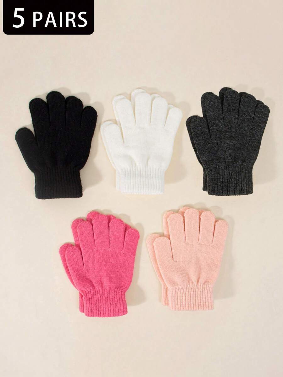 5 Pairs Kids Autumn/Winter Elastic Knitted Warm Gloves, Multiple Colors