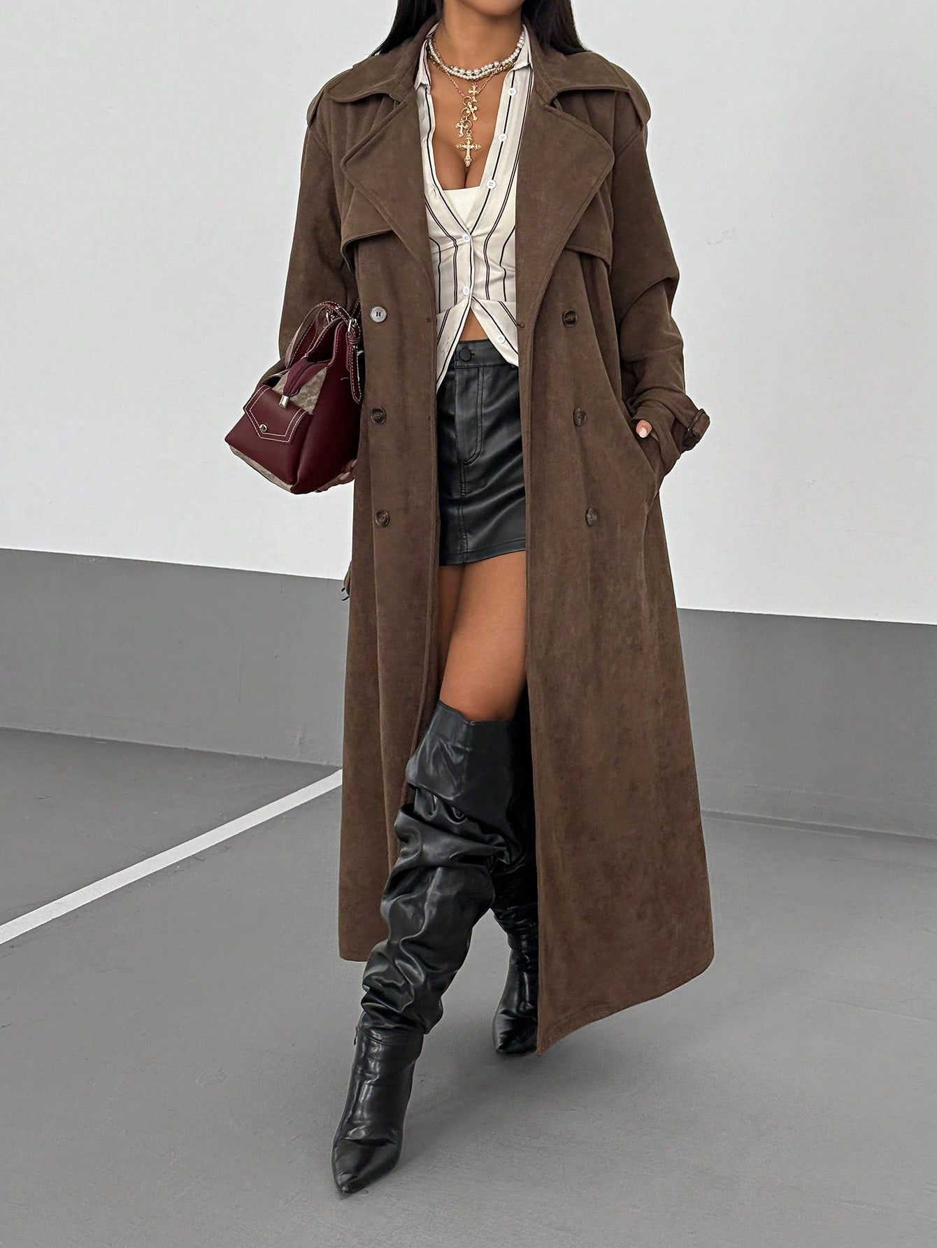 Lunelith SHEIN Lunessa Women's Retro Vintage Style Brown Wrap Trench Coat , Womens Fall Clothes, Brown Winter Outfit Women,  Thanksgiving Outfit For Women, Baddie Outfit